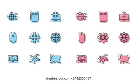 Establecer línea Portátil, Realidad virtual, Tecnología global o red social, Carpeta y candado, Procesador, Ratón de ordenador y auriculares de aire en icono de caja. Vector