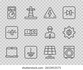 Set line Laptop, Washer, High voltage, Electrical symbol ground, Ampere meter, multimeter, light switch, Solar energy panel and Gear and lightning icon. Vector