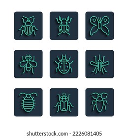 Set line Larva insect, Beetle bug, Cockroach, Butterfly, Mite, Insect, Chafer beetle and Mosquito icon. Vector