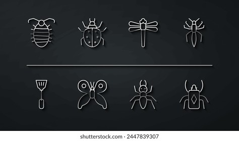 Set line Larva insect, Fly swatter, Spider, Ant, Butterfly, Mite, Beetle bug and Dragonfly icon. Vector