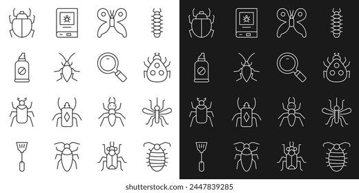 Set line Larva insect, Mosquito, Ladybug, Butterfly, Cockroach, Spray against insects, Mite and Magnifying glass icon. Vector