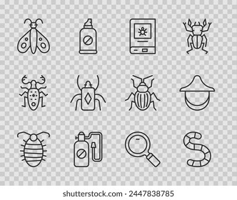 Set line Larva insect, Worm, Book about, Pressure sprayer, Butterfly, Beetle bug, Magnifying glass and Beekeeper hat icon. Vector