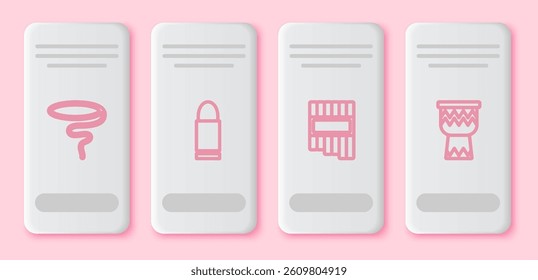 Set line Lasso, Bullet, Pan flute and Drum. White rectangle button. Vector
