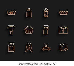 Set line Laundry detergent, Clothes pin, Temperature wash, Hanger wardrobe, Water spill, Basin with soap suds, T-shirt and spray bottle icon. Vector