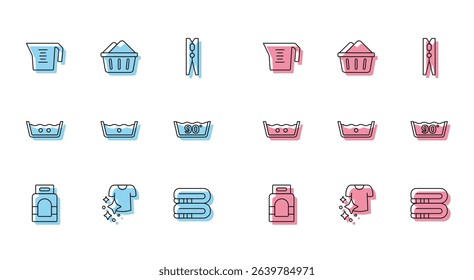 Set line Laundry detergent, Drying clothes, Measuring cup, Towel stack, Temperature wash,  and Basin with soap suds icon. Vector