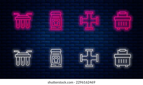 Fijar el detergente de lavado de línea, la tubería metálica de la industria, el filtro de agua y la caja de herramientas. Icono de neón brillante en la pared de ladrillo. Vector