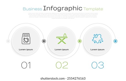 Set line Laundry detergent, Iron and ironing board and Water spill. Business infographic template. Vector