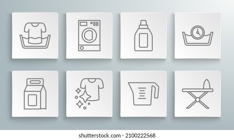 Set line Laundry detergent, Washer, Drying clothes, Measuring cup, Iron and ironing board, Bottle for cleaning agent, Time wash and Basin with shirt icon. Vector