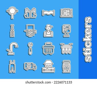 Set line Laundry detergent, Water filter, Pressure water meter, Industry metallic pipe, Gas boiler, Toilet brush, Filter wrench and Plumber icon. Vector