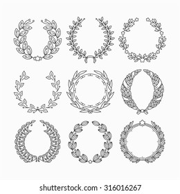 Set of line laurel victor's wreaths. Floral monoline garlands, victory frames. 