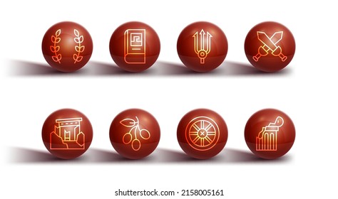 Set line Laurel wreath, Ancient ruins, Crossed medieval sword, Old wooden wheel, Olives branch, Greek history book, Broken ancient column and Neptune Trident icon. Vector