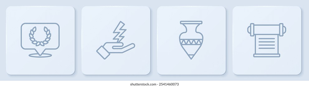 Set line Laurel wreath, Ancient amphorae, Zeus and Decree, parchment, scroll. White square button. Vector