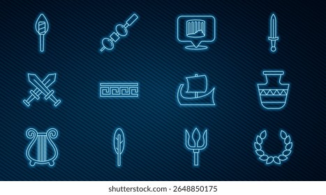 Set Linie Lorbeerkranz, Antike Amphoren, Säule, griechisches Muster, gekreuztes mittelalterliches Schwert, Fackelflamme, Trireme und Oliven und Käse auf Essstäbchen-Symbol. Vektorgrafik