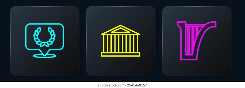 Set line Laurel wreath, Harp and Parthenon. Black square button. Vector