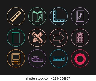 Set line Laurel wreath, Hotel building, Folding ruler, Crossed and pencil, Book, Ruler, Arrow and Audio book icon. Vector