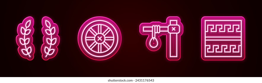 Set line Laurel wreath, Old wooden wheel, Gallows and Ancient Greek pattern. Glowing neon icon. Vector