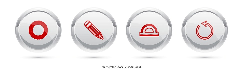 Set line Laurel wreath, Pencil, Protractor grid and Refresh. Silver circle button. Vector