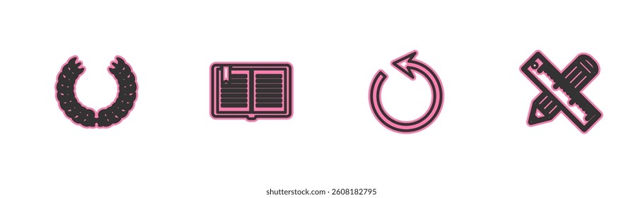 Set line Laurel wreath, Refresh, Open book and Crossed ruler and pencil icon. Vector