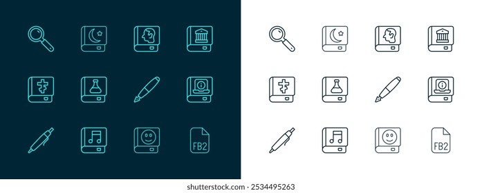 Set line Law book, Audio, Fountain pen nib, Book, Chemistry, Magnifying glass and Holy of Koran icon. Vector