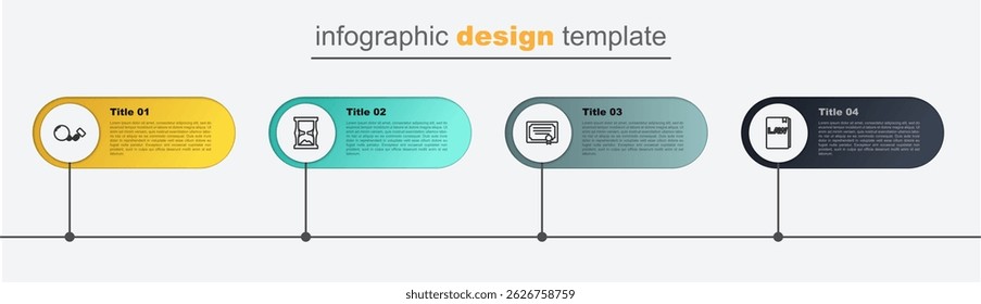 Set line Law book, Certificate template, Old hourglass and Ball on chain. Business infographic template. Vector