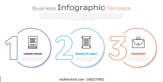 Fijar la línea de Derecho, Decreto, papel, pergamino, pergamino y Maletín. Plantilla de infografía empresarial. Vector