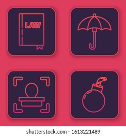 Set line Law book, Face recognition, Umbrella and Bomb ready to explode. Blue square button. Vector