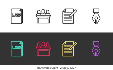 Set line Law book, Jurors, Document and pen and Fountain nib on black and white. Vector