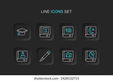 Set line Law book, Photo album gallery, Pencil with eraser, Chemistry, Holy of Koran, Book mathematics,  and Graduation cap icon. Vector
