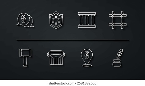 Set line Law, Judge gavel, Prison window, Location law, pillar, Police badge, Feather and inkwell and  icon. Vector