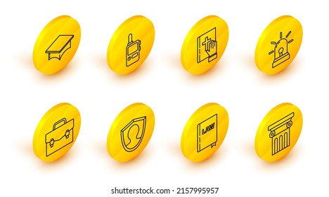 Set line Law pillar, book, User protection, Briefcase, Flasher siren, Oath the Holy Bible, Walkie talkie and Graduation cap icon. Vector