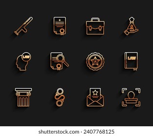 Set line Law pillar, Handcuffs, Police rubber baton, The arrest warrant, Face recognition, Document with search, book and badge icon. Vector
