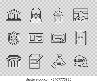 Set line Law pillar, Judge, Document and pen, Courthouse building, Identification badge, Bribe money bag and Holy bible book icon. Vector