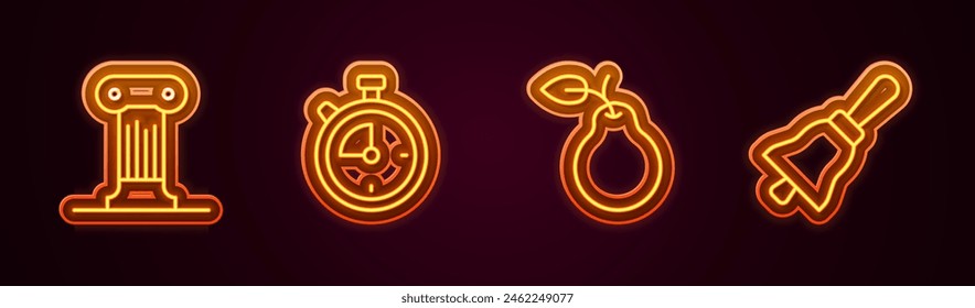 Set line Law pillar, Stopwatch, Pear and Ringing bell. Glowing neon icon. Vector