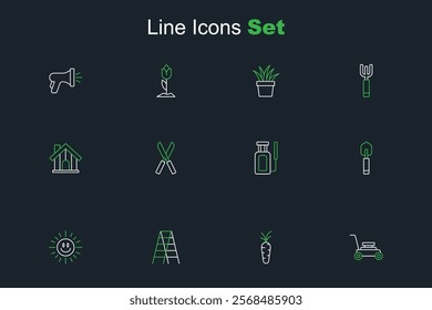 Set line Lawn mower, Carrot, Wooden staircase, Sun, Garden trowel spade or shovel, sprayer for water, Gardening scissors and Farm house icon. Vector