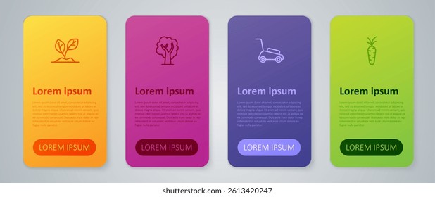 Set line Lawn mower, Carrot, Sprout and Tree. Business infographic template. Vector