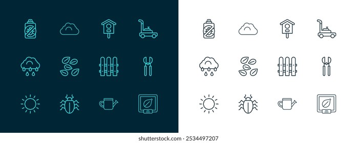 Segadora de césped, escarabajo de Colorado, valla de jardín de madera, regadera, semillas de plantas específicas, casa de pájaros, pulverización contra insectos e ícono de Clima nublado. Vector