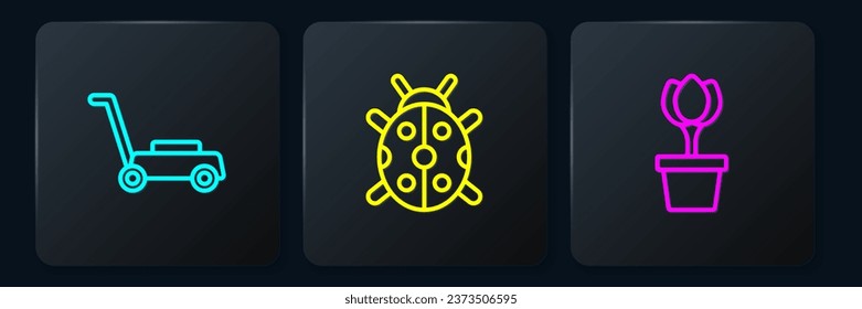 Set line Lawn mower, Flower tulip in pot and Ladybug. Black square button. Vector