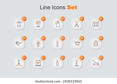 Set line Lawn mower, Flower tulip, Carrot, Calendar with autumn leaves, Shovel, Colorado beetle, Wheelbarrow and Garden trowel spade shovel icon. Vector