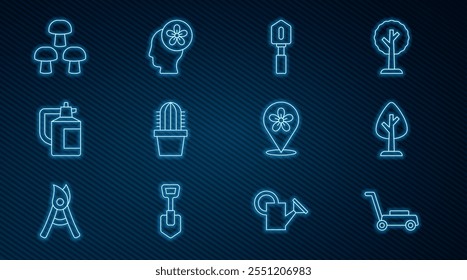 Set line Lawn mower, Forest, Shovel, Cactus peyote in pot, Garden sprayer for fertilizer, Mushroom, Location with flower and Human head inside icon. Vector