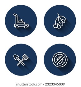 Set line Lawn mower, Fresh berries, Shovel and rake and Stop colorado beetle with long shadow. Blue circle button. Vector