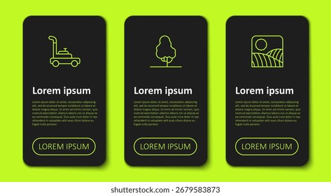 Definir linha Cortador de grama, Árvore frutífera e Agricultura fazenda de campo de trigo. Modelo de infográfico comercial. Vetor