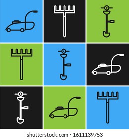 Set line Lawn mower, Grass and weed electric string trimmer and Garden rake icon. Vector