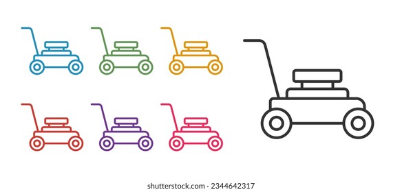 Ajuste el icono de cortadora de césped en línea aislado en fondo blanco. Cortadora de césped cortando hierba. Indique los iconos en colores. Vector