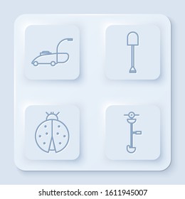 Set line Lawn mower, Shovel, Ladybug and Grass and weed electric string trimmer. White square button. Vector