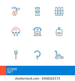 Set line Rasenmäher, Sichel, Garten Mistgabel, Pack voller Samen, Wolke mit Regen, Bauernhaus, Zaun aus Holz und Wasser Turm Ikone. Vektorgrafik