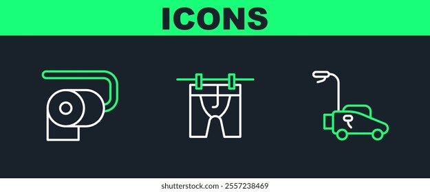 Set line Lawn mower, Toilet paper roll and Drying clothes icon. Vector