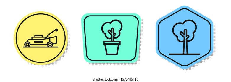 Set line Lawn mower, Tree in pot and Tree. Colored shapes. Vector