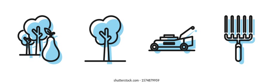 Set line Lawn mower, Tree with pears, Tree and Garden rake in work icon. Vector