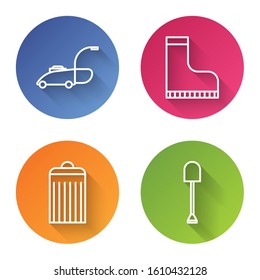 Set line Lawn mower, Waterproof rubber boot, Trash can and Shovel. Color circle button. Vector