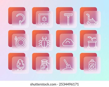 Segadora de césped, Bueno, Clima nublado, Pala en el suelo, Escarabajo de Colorado, Rastrillo de jardín, Hoz e ícono. Vector